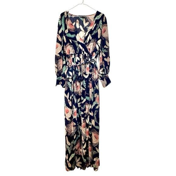 Miss Avenue Feather Print Tie Waist Long Sleeve Maxi Dress Multicolor Large - Picture 1 of 5